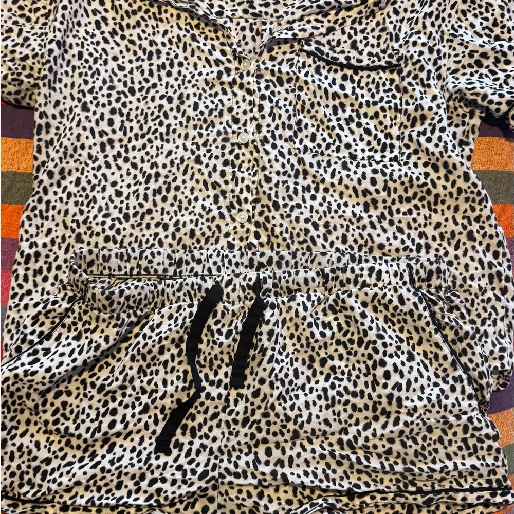 Stars Above Leopard Print Pajama Set - Black and White